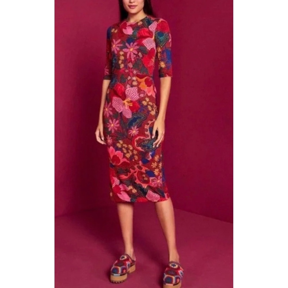 Farm Rio Snake‎ Garden Red Floral Jersey Midi Dress Medium Great Condition